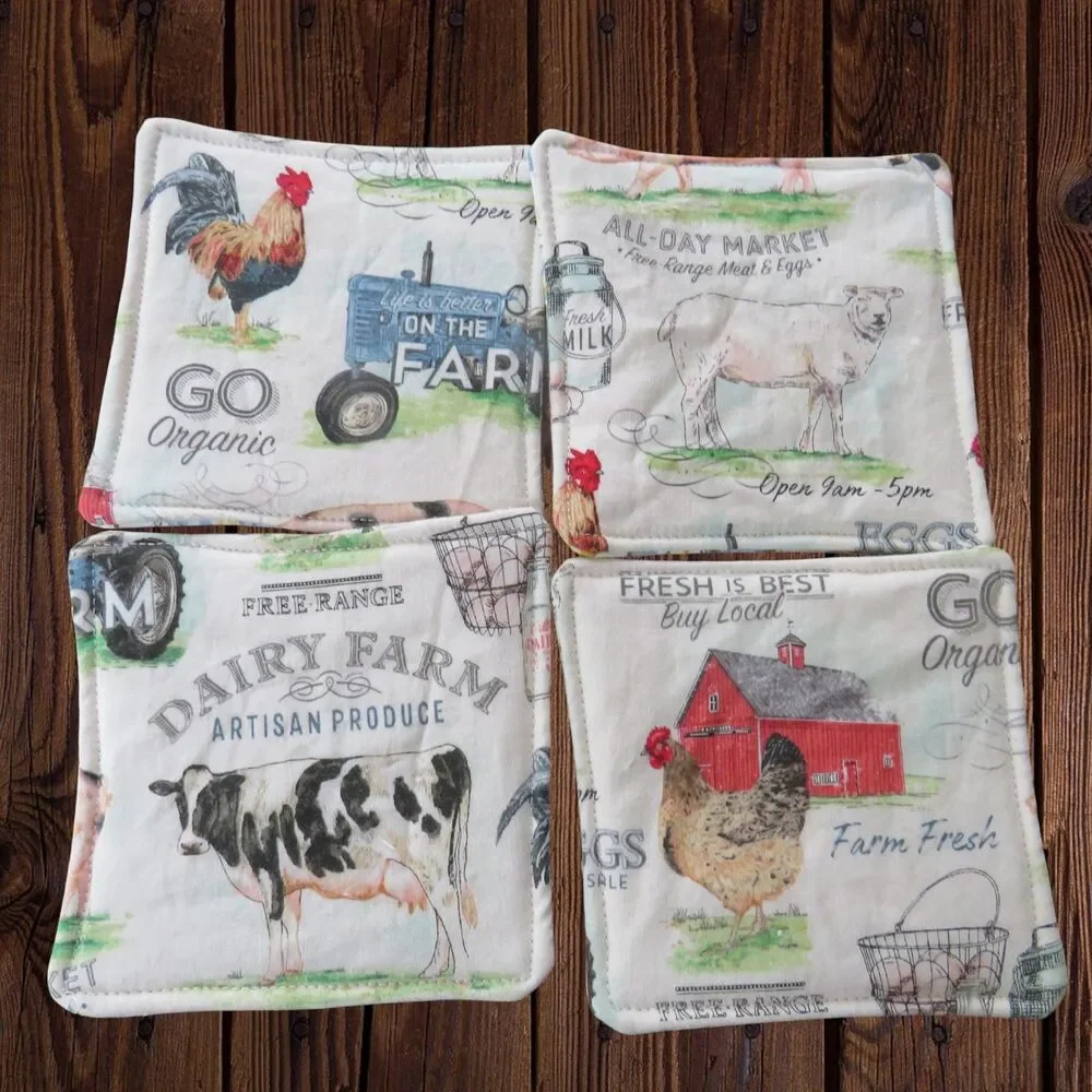 Fabric Coasters, Set Of 4, Farm Animal Reversible Country Floral Mug Rugs